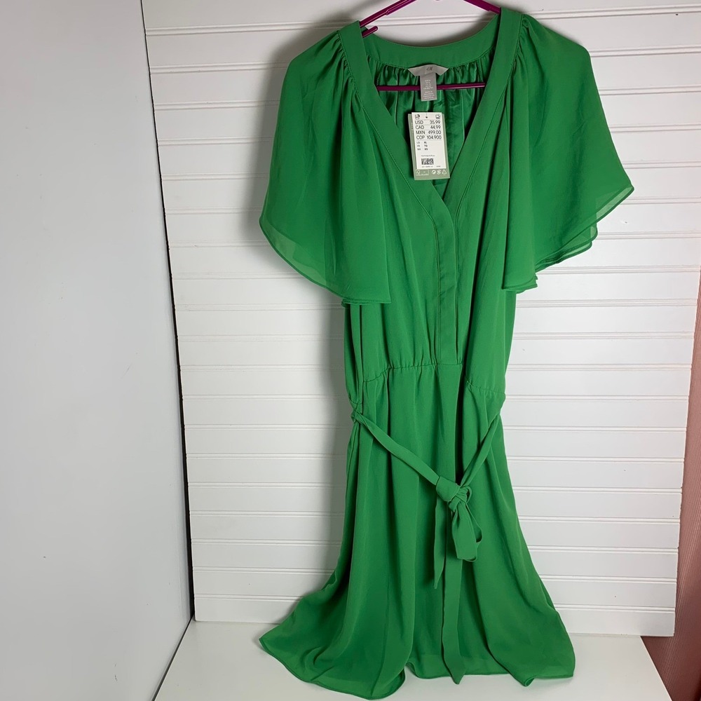 H&M Green Dress Womens XL Extra Large Sheer Flutter Sleeve Tie Waist NWT